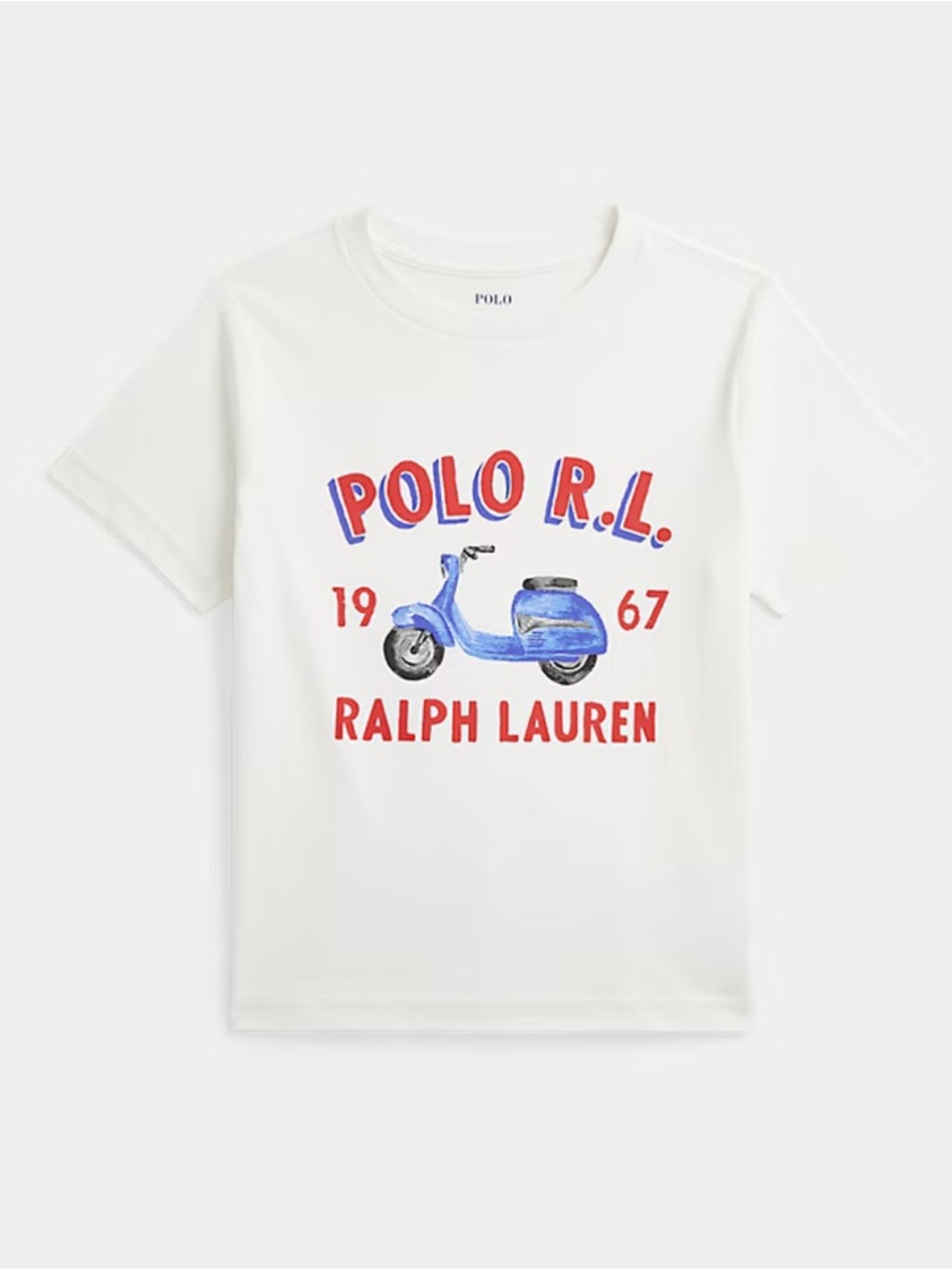Ralph Lauren White Tee with Blue Scooter Graphic and Red Lettering